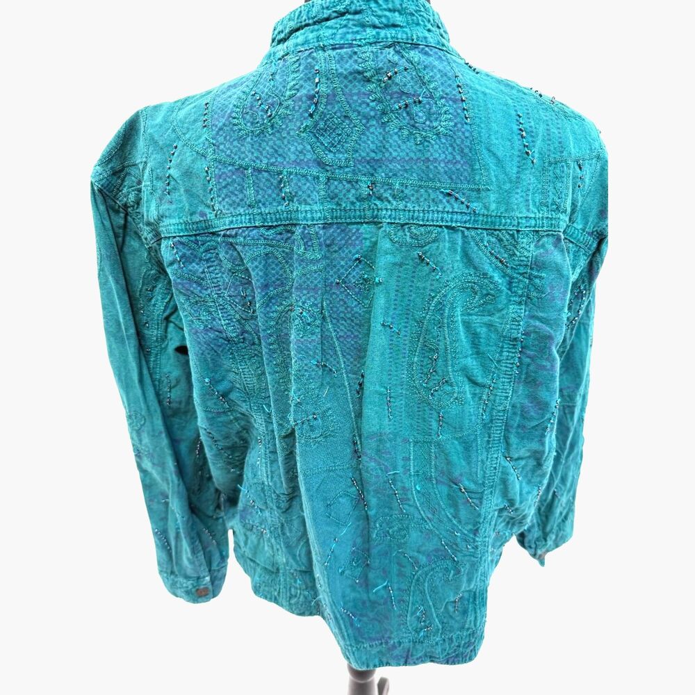 teal canvas embroidered and beaded mandarin mock collar jacket - Picture 6 of 7